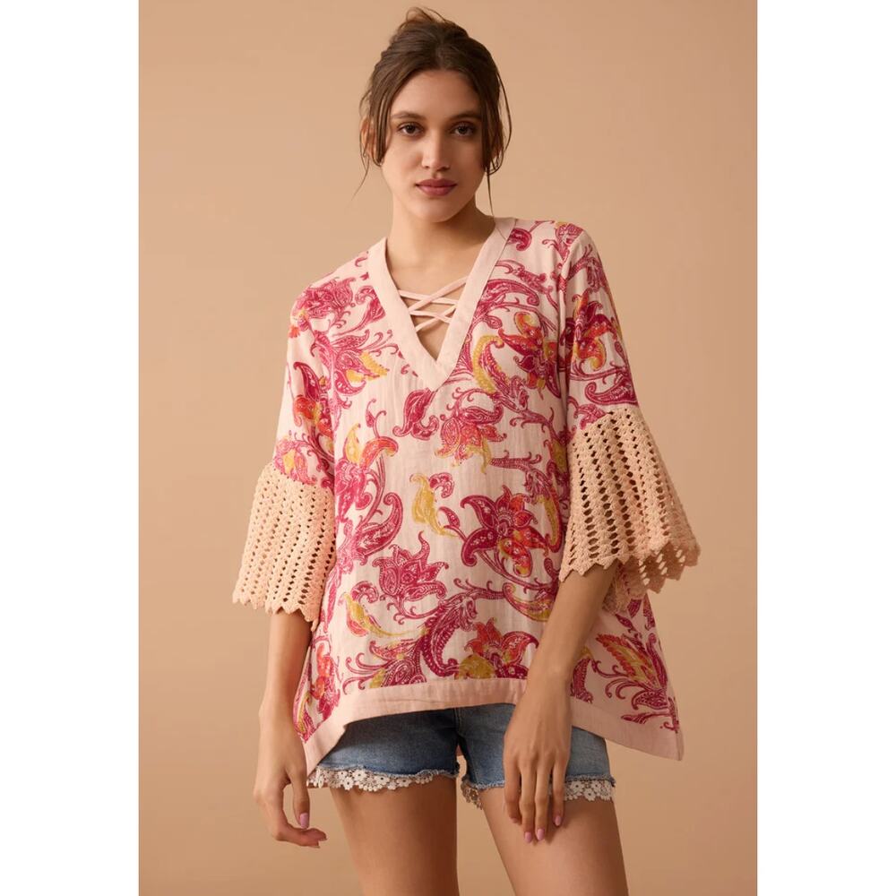 NWT Boutique Boho Crochet Flutter Sleeve Pink Floral Top by Bohera